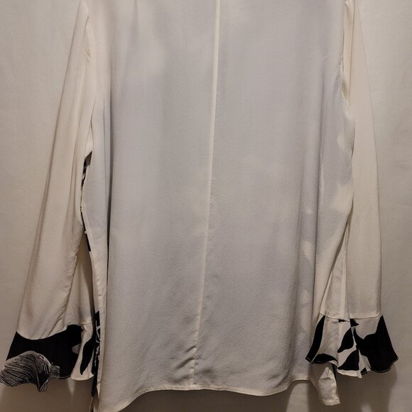 100% Silk Top Floral Ivory Black Sequins 1X Ruffle Sheer Classy - Picture 2 of 6